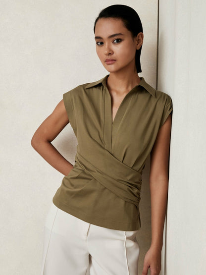 Stretch-Cotton Wrap-Front Collar Top in Khaki Green | Reiss Women Best Seller