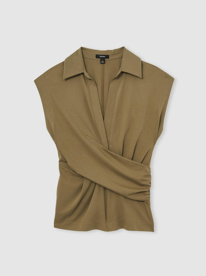 Stretch-Cotton Wrap-Front Collar Top in Khaki Green | Reiss Women Best Seller