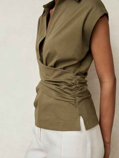 Stretch-Cotton Wrap-Front Collar Top in Khaki Green | Reiss Women Best Seller