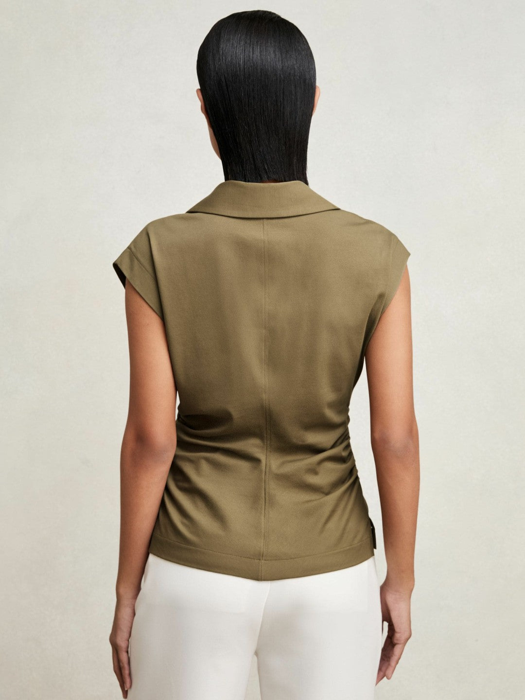 Stretch-Cotton Wrap-Front Collar Top in Khaki Green | Reiss Women Best Seller