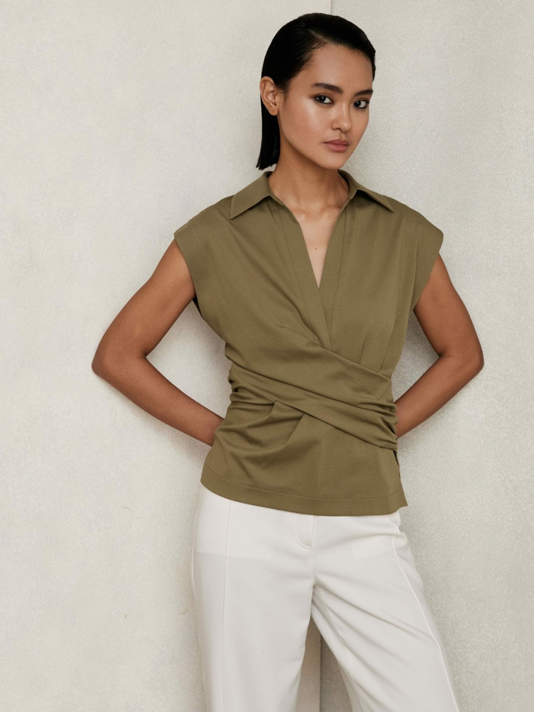 Stretch-Cotton Wrap-Front Collar Top in Khaki Green | Reiss Women Best Seller