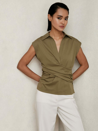 Stretch-Cotton Wrap-Front Collar Top in Khaki Green | Reiss Women Best Seller
