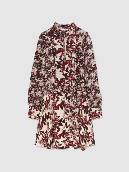 Printed Tie-Waist Flippy Mini Dress in Burgundy/Cream | Reiss Women Exclusive