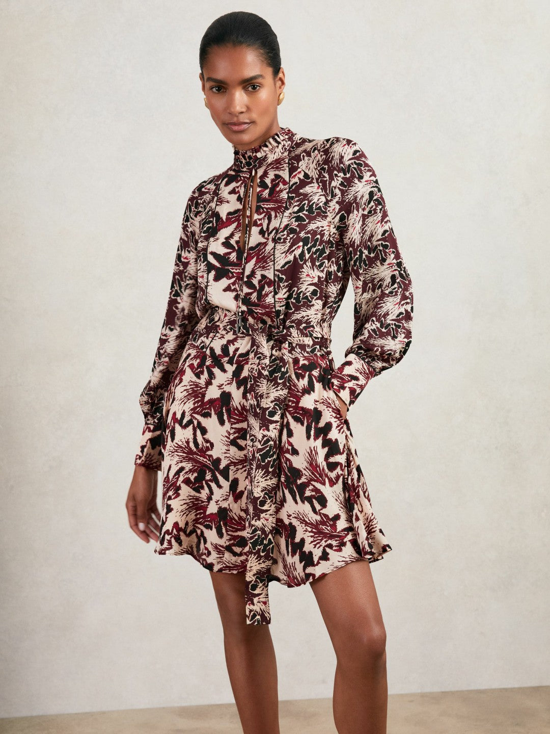 Printed Tie-Waist Flippy Mini Dress in Burgundy/Cream | Reiss Women Exclusive