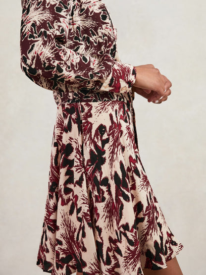 Printed Tie-Waist Flippy Mini Dress in Burgundy/Cream | Reiss Women Exclusive