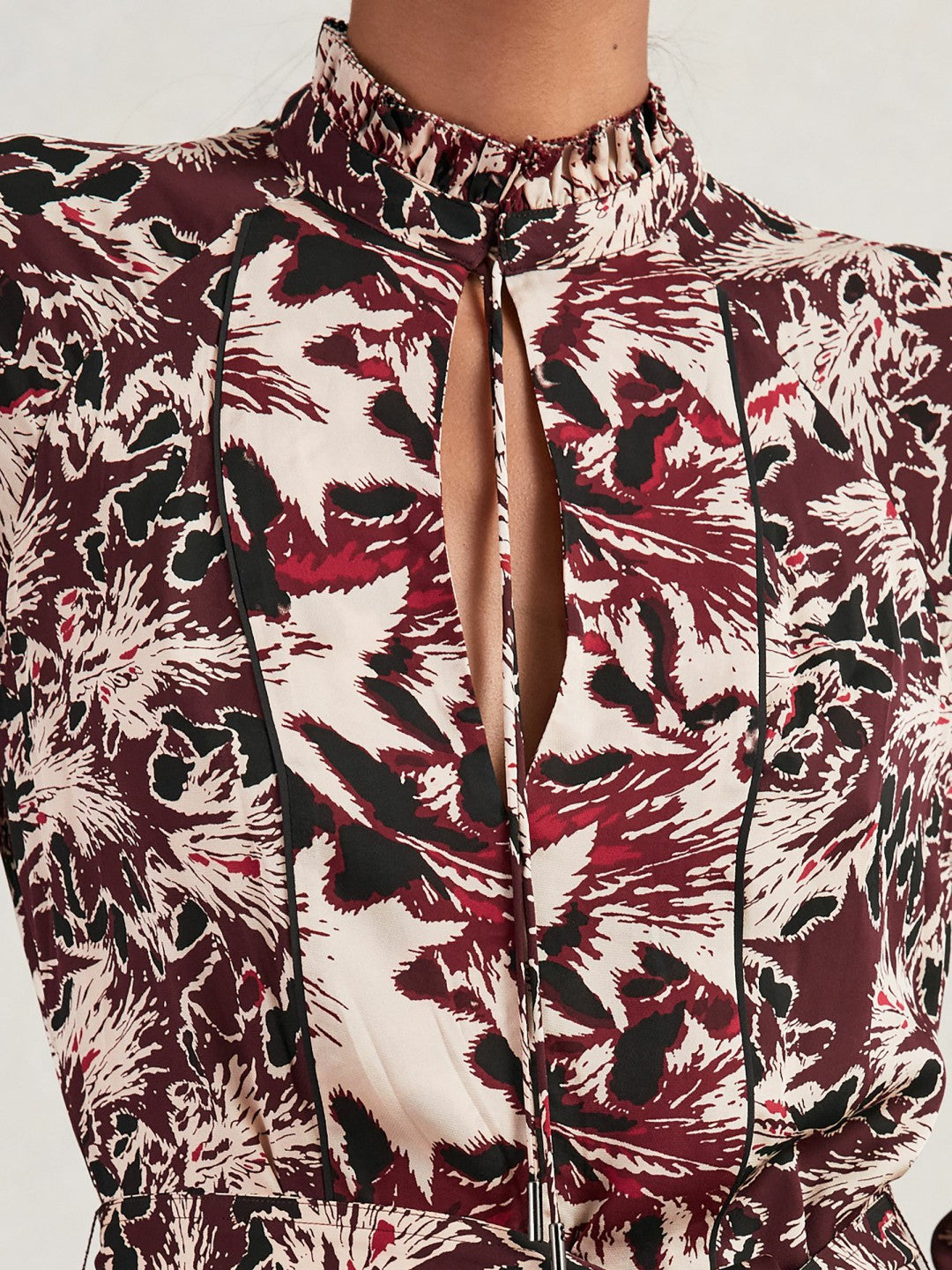 Printed Tie-Waist Flippy Mini Dress in Burgundy/Cream | Reiss Women Exclusive