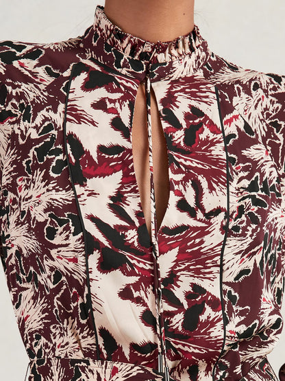 Printed Tie-Waist Flippy Mini Dress in Burgundy/Cream | Reiss Women Exclusive