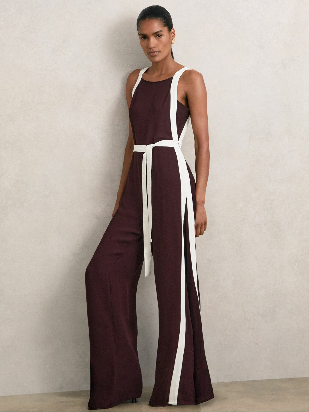 Colourblock Wide Leg Belted Jumpsuit in Burgundy/Cream | Reiss Women Trending