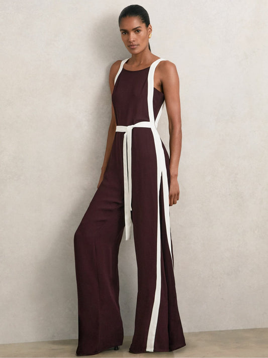 Colourblock Wide Leg Belted Jumpsuit in Burgundy/Cream | Reiss Women Trending