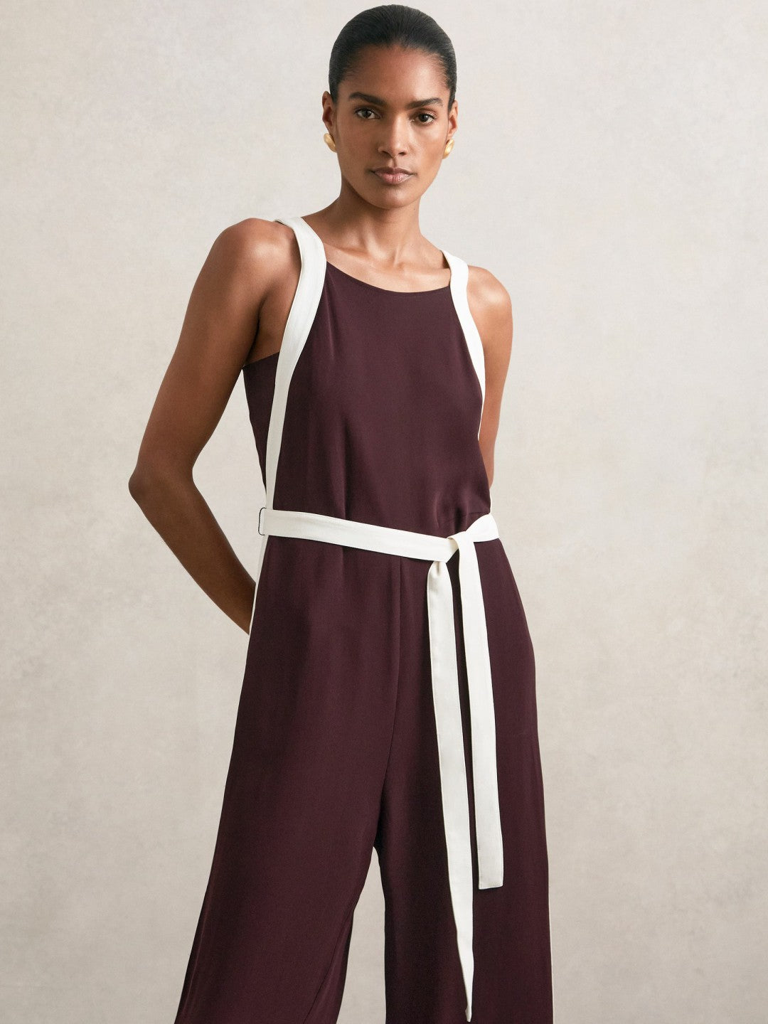 Colourblock Wide Leg Belted Jumpsuit in Burgundy/Cream | Reiss Women Trending