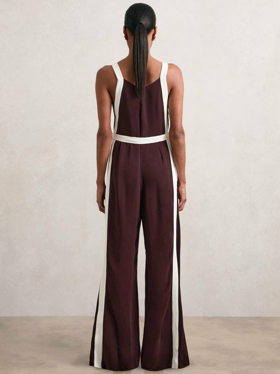 Colourblock Wide Leg Belted Jumpsuit in Burgundy/Cream | Reiss Women Trending