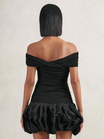 Off-Shoulder Puffball Mini Dress in Black | Reiss Women Recommended