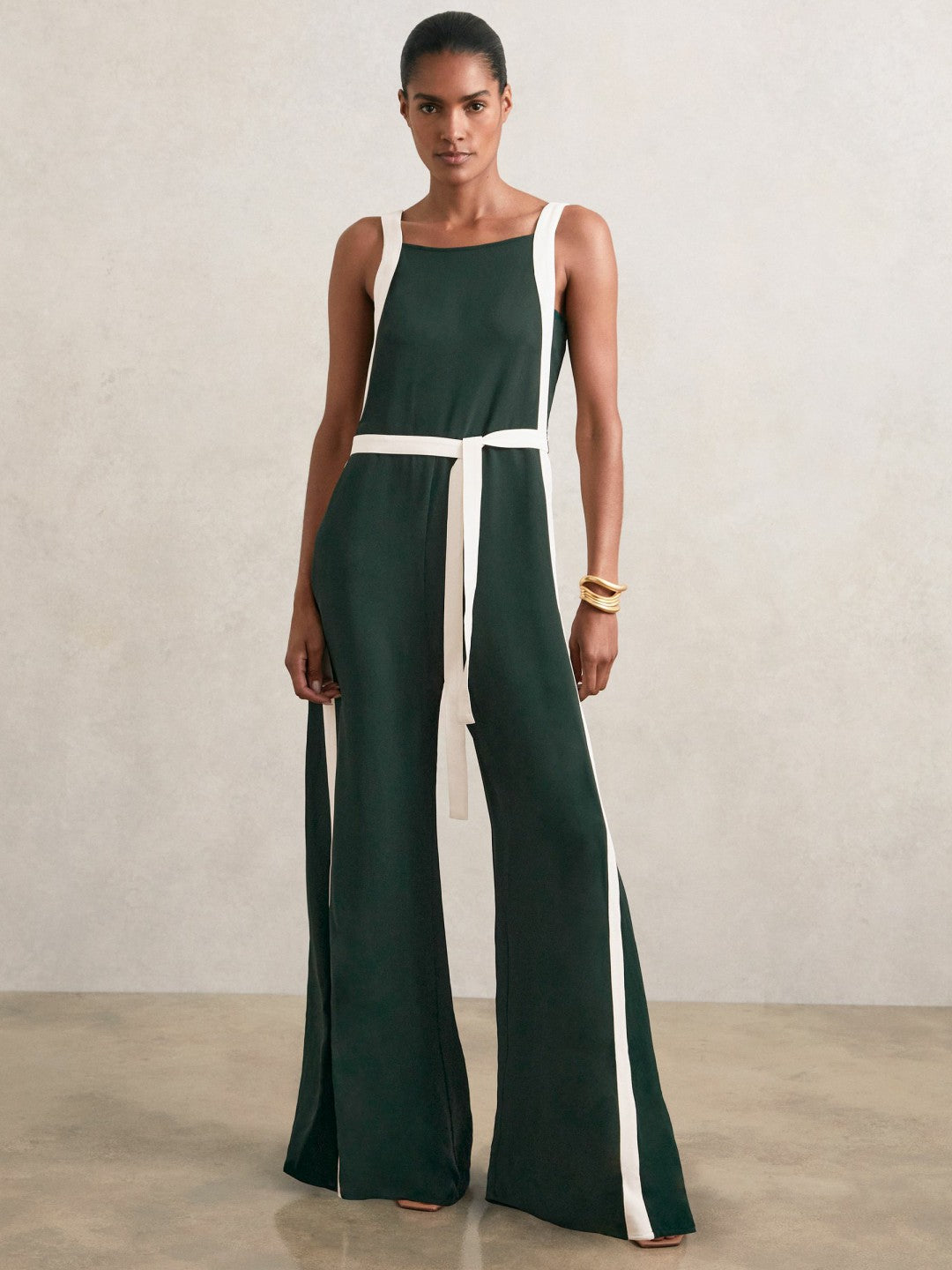 Colourblock Wide Leg Belted Jumpsuit in Dark Green/Cream | Reiss Women Premium