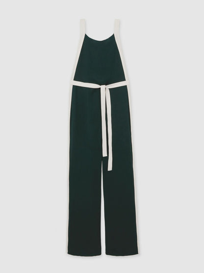 Colourblock Wide Leg Belted Jumpsuit in Dark Green/Cream | Reiss Women Premium