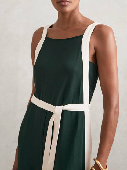 Colourblock Wide Leg Belted Jumpsuit in Dark Green/Cream | Reiss Women Premium