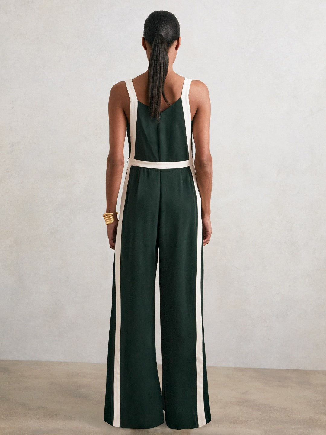 Colourblock Wide Leg Belted Jumpsuit in Dark Green/Cream | Reiss Women Premium
