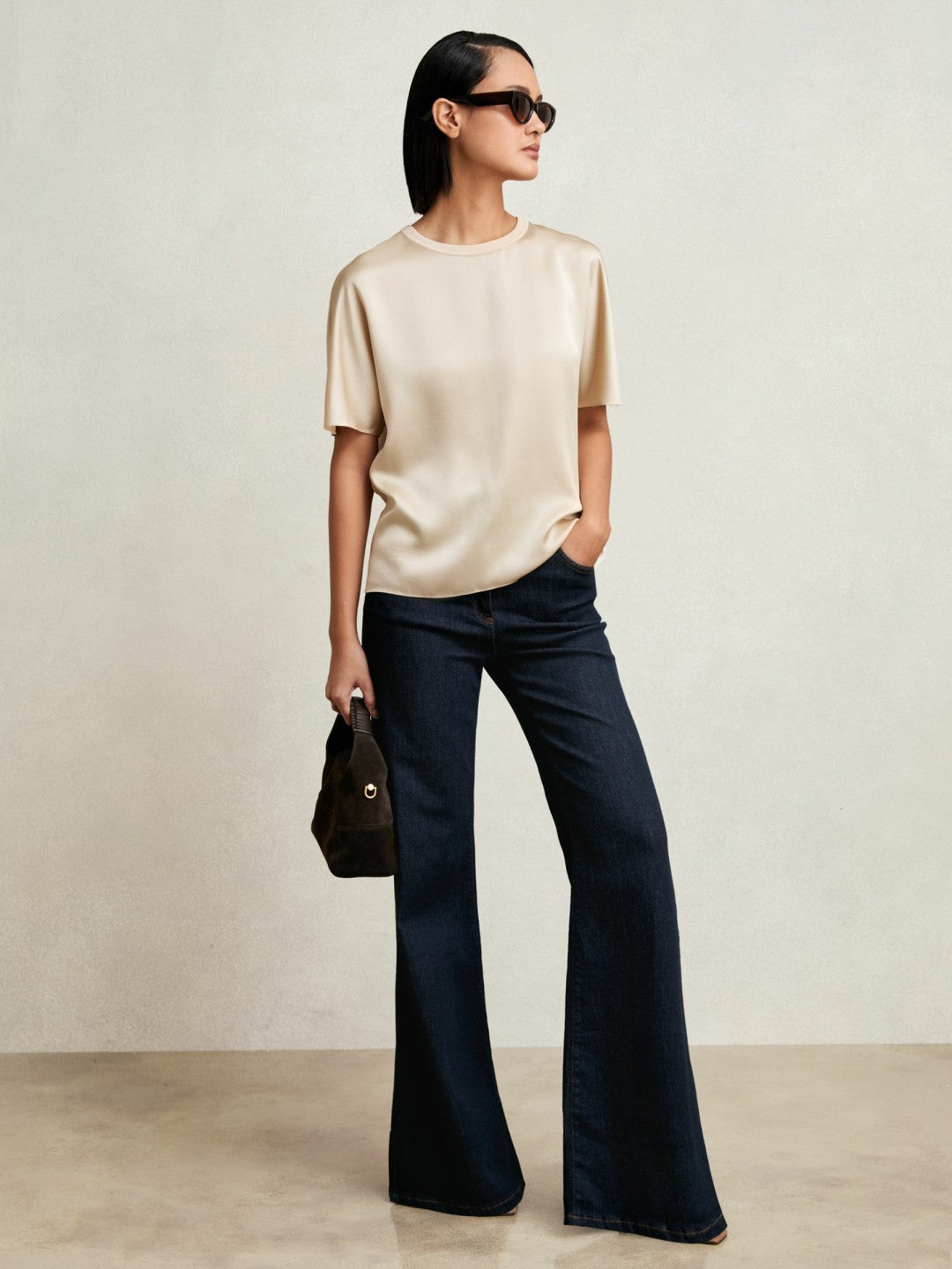 Silk Short-Sleeve Top in Champagne Neutral | Reiss Women Premium