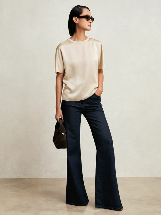Silk Short-Sleeve Top in Champagne Neutral | Reiss Women Premium