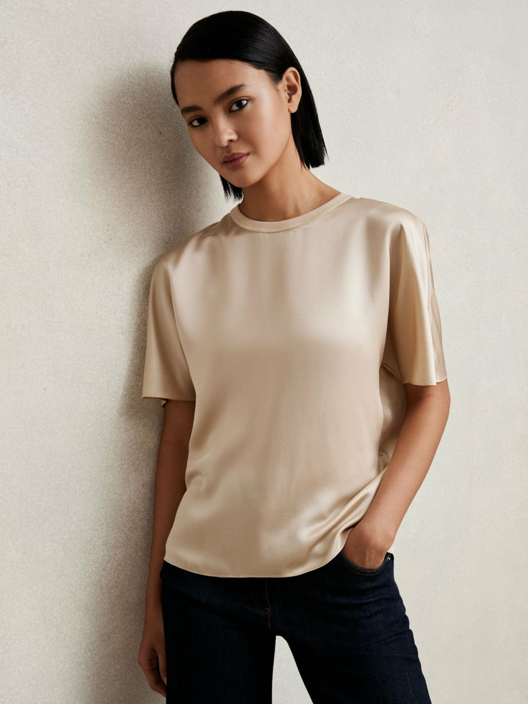 Silk Short-Sleeve Top in Champagne Neutral | Reiss Women Premium