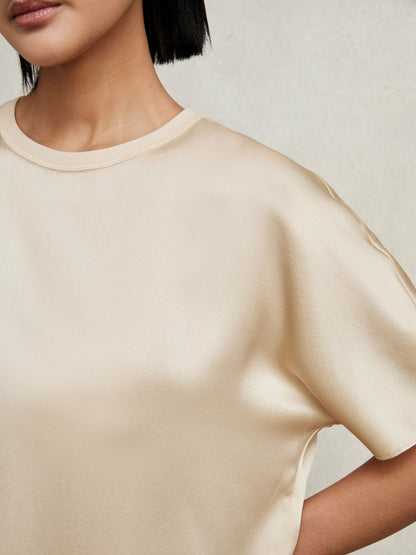 Silk Short-Sleeve Top in Champagne Neutral | Reiss Women Premium