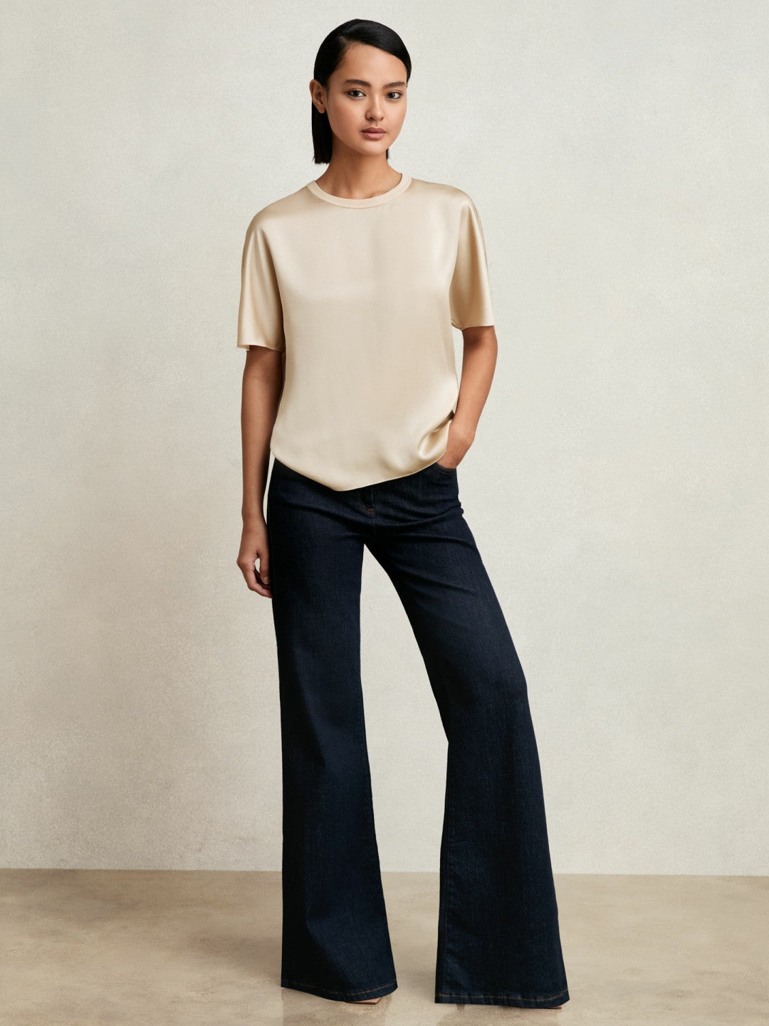 Silk Short-Sleeve Top in Champagne Neutral | Reiss Women Premium