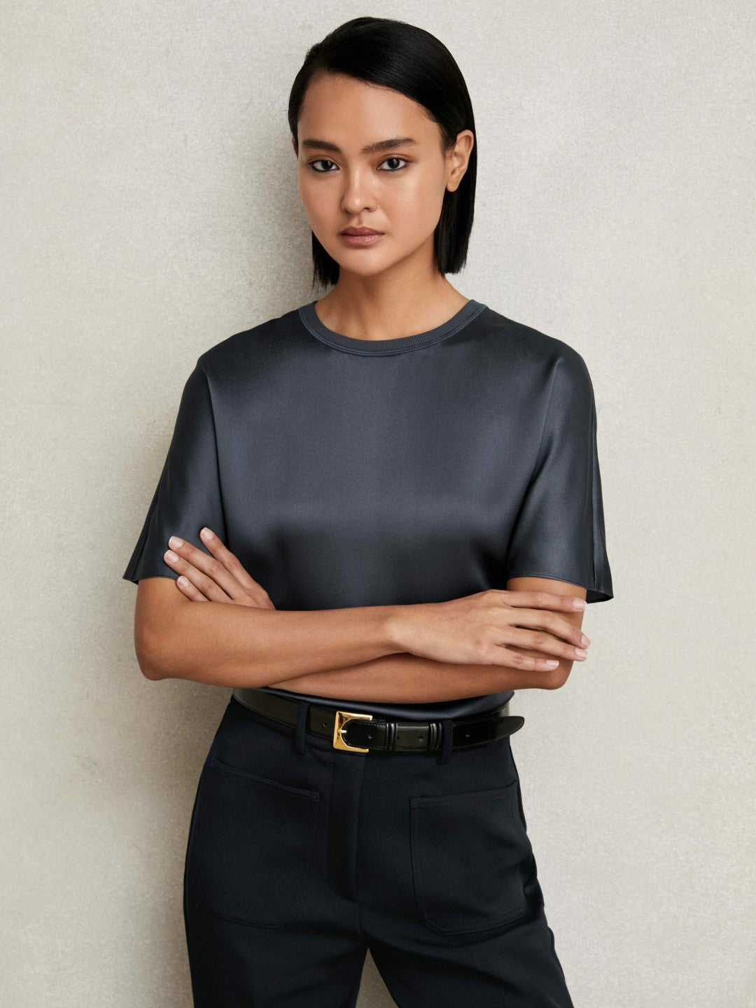 Silk Short-Sleeve Top in Blue | Reiss Women Popular