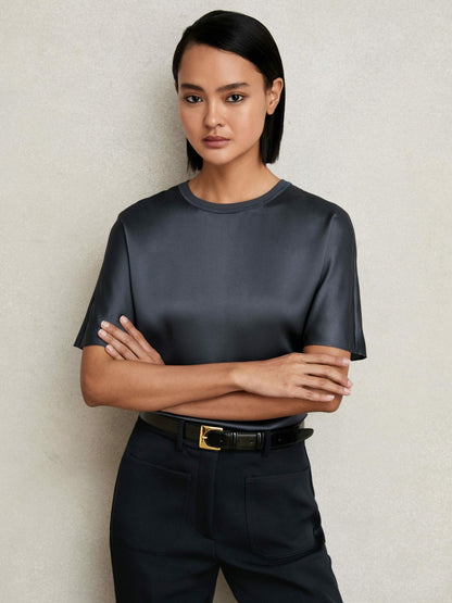 Silk Short-Sleeve Top in Blue | Reiss Women Popular