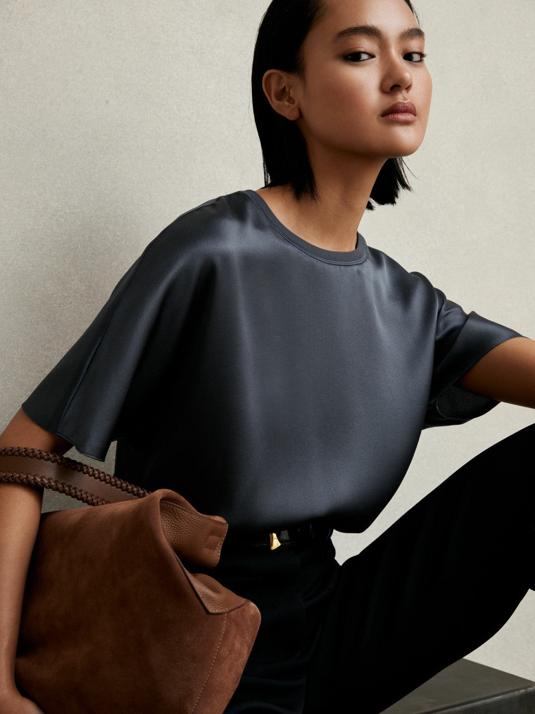 Silk Short-Sleeve Top in Blue | Reiss Women Popular