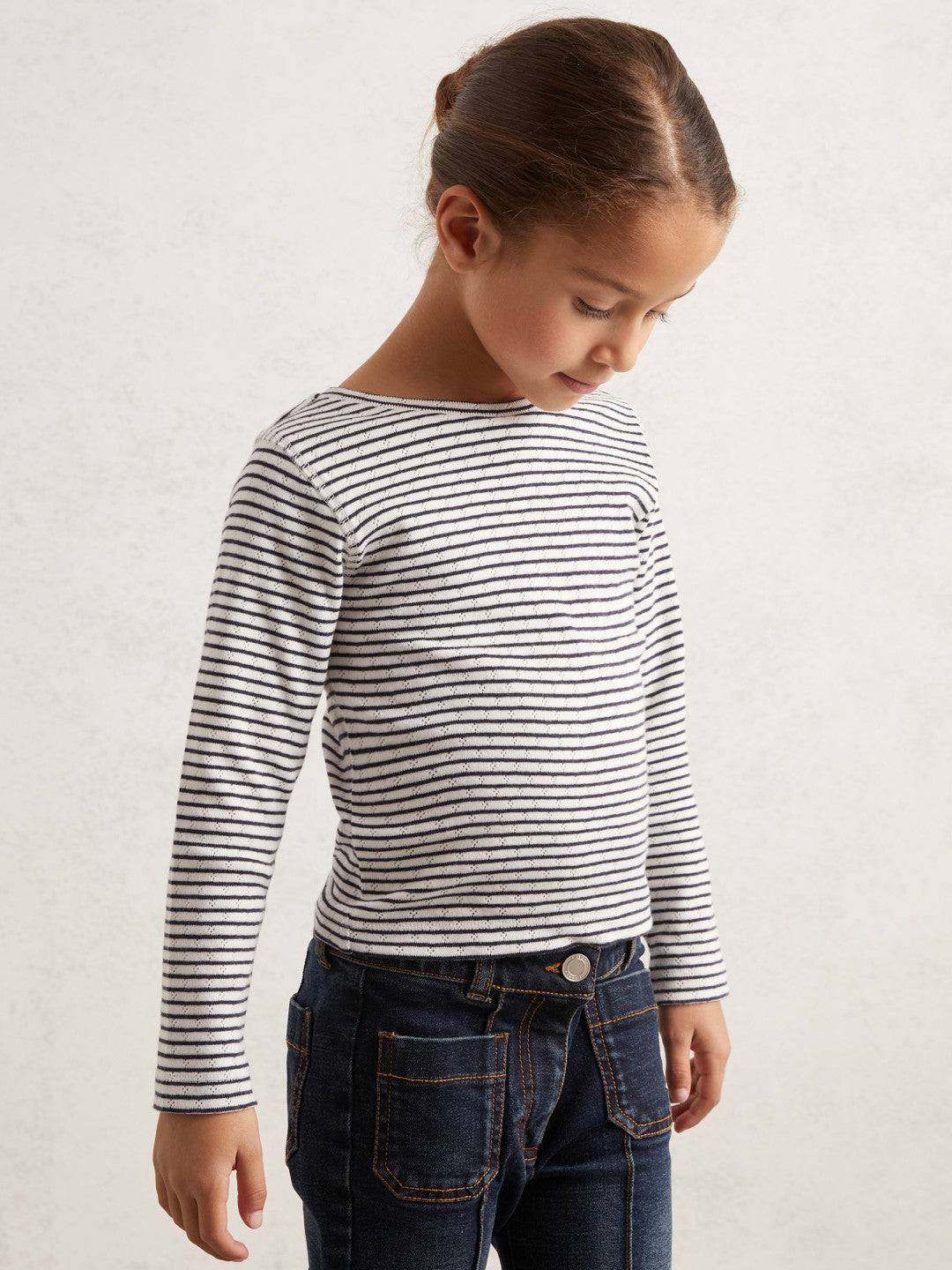 13-14 yrs Cotton Pointelle Long Sleeve Top in Navy/White | Reiss Children & Baby Premium