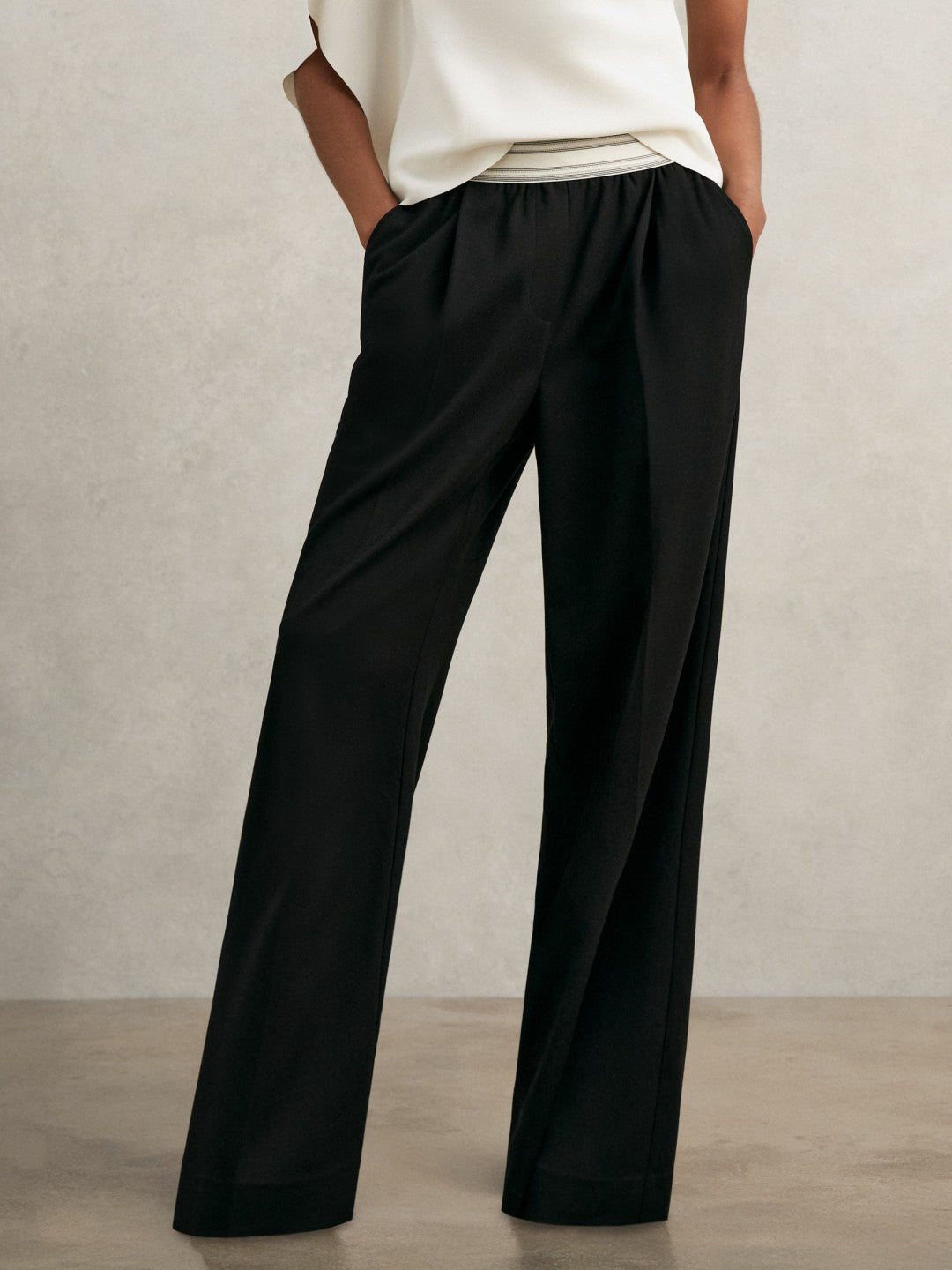 Wide-Leg Contrast-Waistband Trousers in Black | Reiss Women Popular