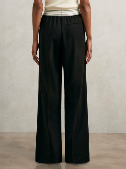 Wide-Leg Contrast-Waistband Trousers in Black | Reiss Women Popular