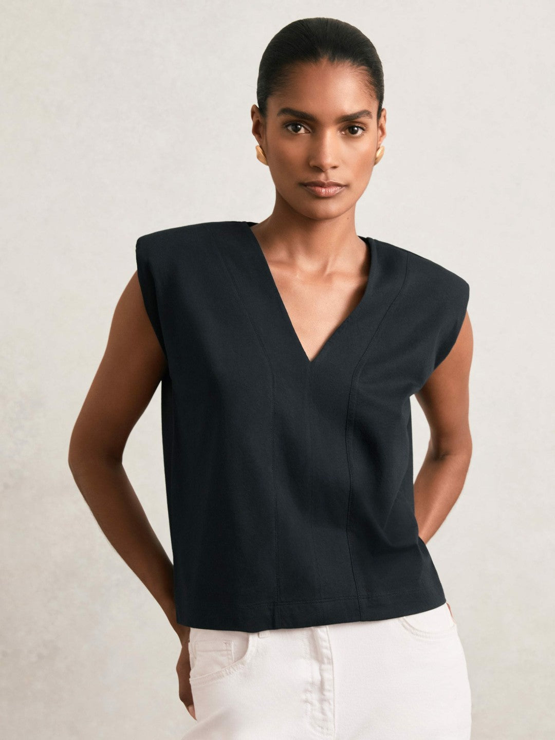 Cotton Shoulder-Pad V-Neck Top in Navy | Reiss Women Exclusive