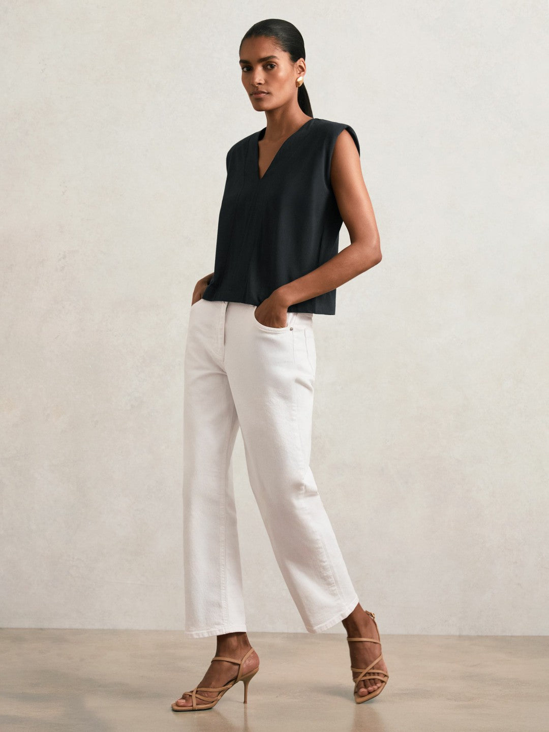 Cotton Shoulder-Pad V-Neck Top in Navy | Reiss Women Exclusive