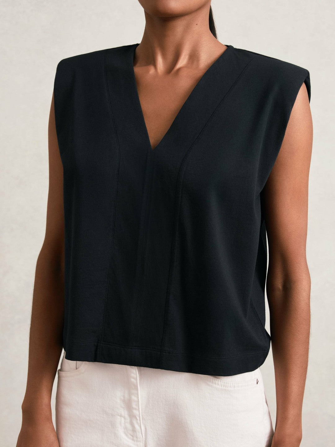 Cotton Shoulder-Pad V-Neck Top in Navy | Reiss Women Exclusive