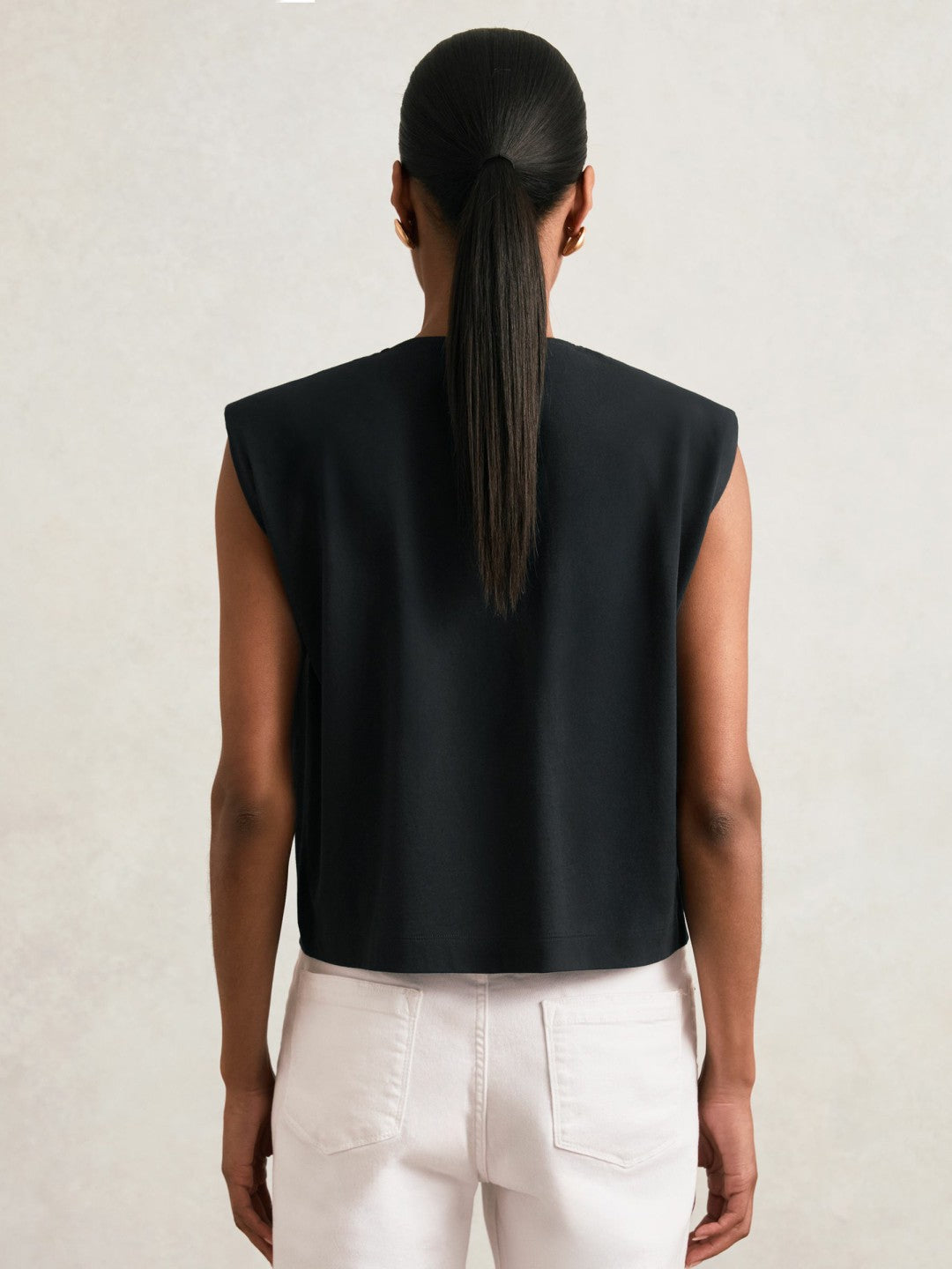 Cotton Shoulder-Pad V-Neck Top in Navy | Reiss Women Exclusive