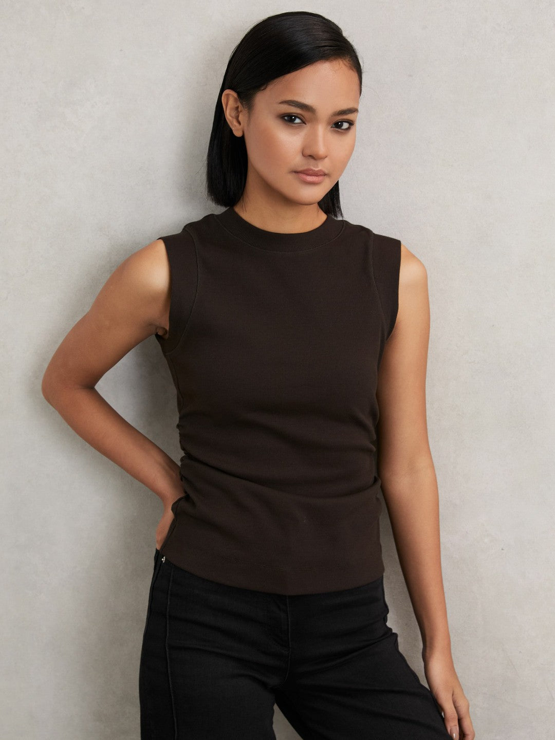 Ribbed Ruched Waist Vest in Chocolate | Reiss Women Premium