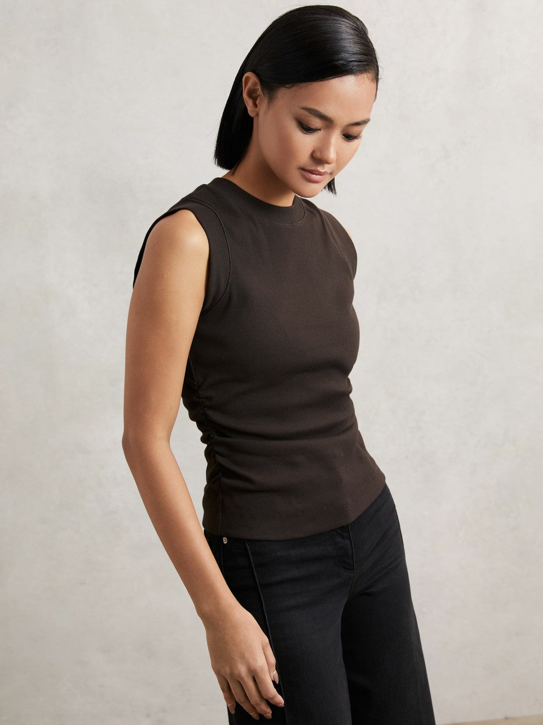 Ribbed Ruched Waist Vest in Chocolate | Reiss Women Premium