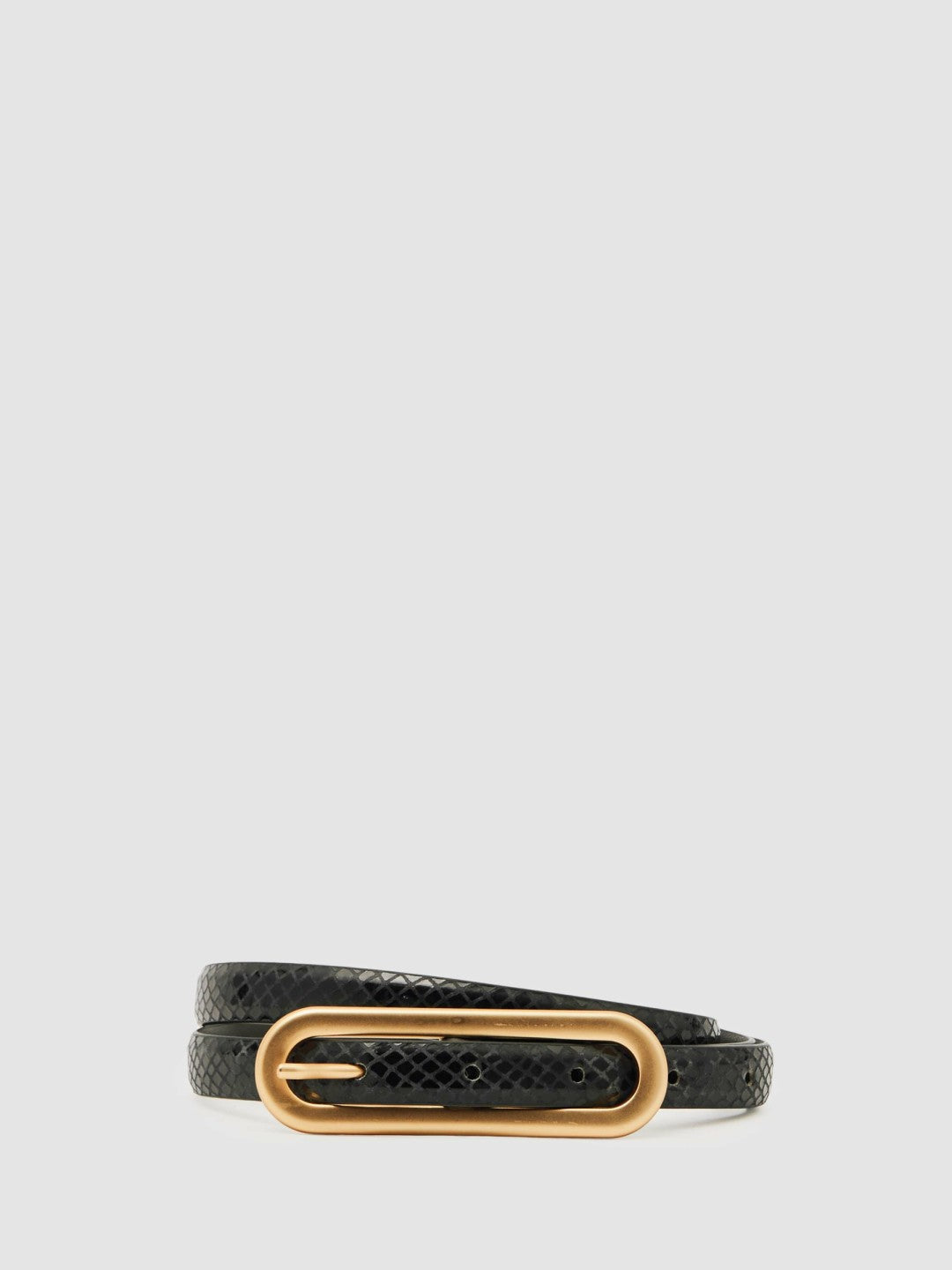 Leather Elongated-Buckle Skinny Belt in Black | Reiss Women Premium