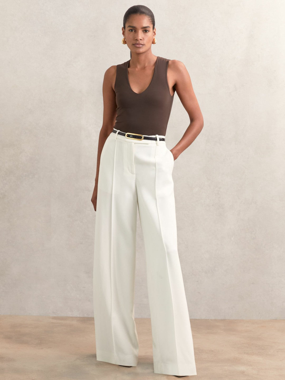 Leather Elongated-Buckle Skinny Belt in Black | Reiss Women Premium