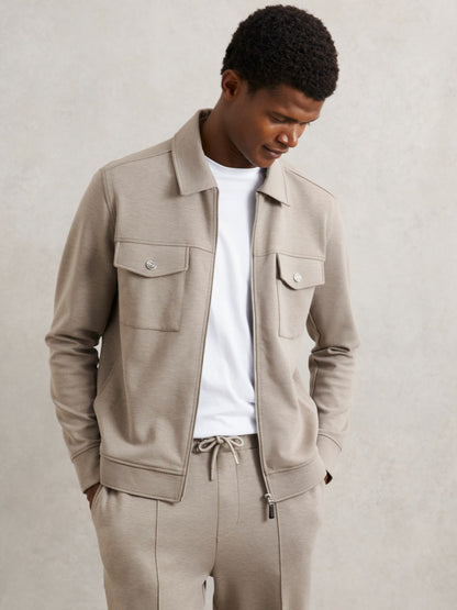 Interlock Jersey Zip-Through Jacket in Taupe Brown | Reiss Men Exclusive
