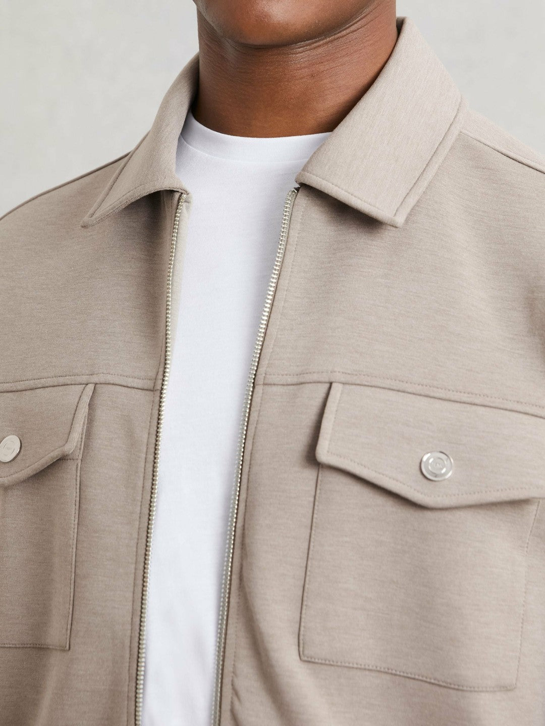 Interlock Jersey Zip-Through Jacket in Taupe Brown | Reiss Men Exclusive