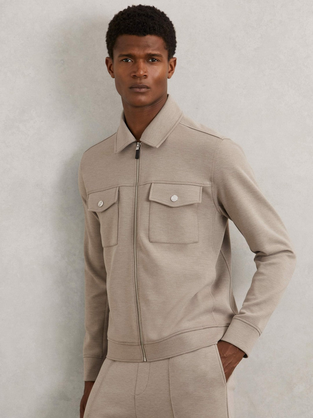 Interlock Jersey Zip-Through Jacket in Taupe Brown | Reiss Men Exclusive