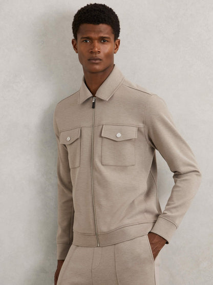 Interlock Jersey Zip-Through Jacket in Taupe Brown | Reiss Men Exclusive