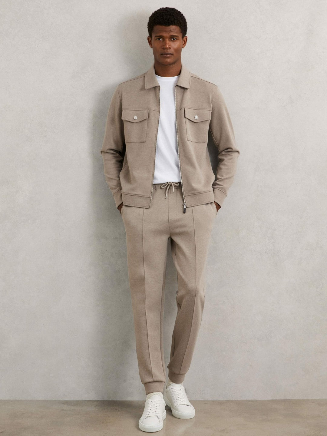 Interlock Jersey Zip-Through Jacket in Taupe Brown | Reiss Men Exclusive