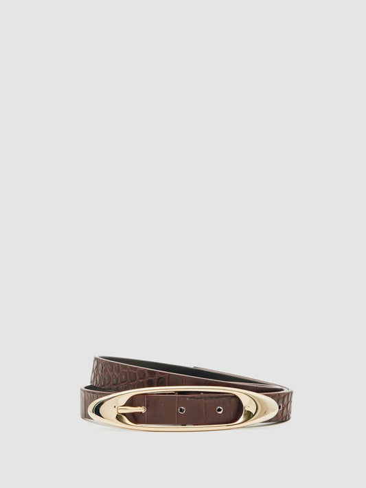 Croc-Effect Leather Oval-Buckle Belt in Burgundy | Reiss Women Trending