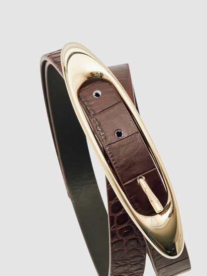 Croc-Effect Leather Oval-Buckle Belt in Burgundy | Reiss Women Trending