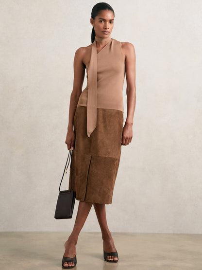 Suede Straight-Fit Midi Skirt in Tan Brown | Reiss Women Best Seller