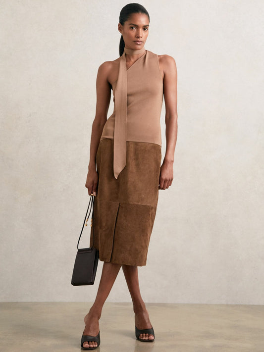 Suede Straight-Fit Midi Skirt in Tan Brown | Reiss Women Best Seller
