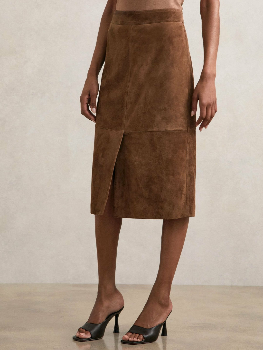 Suede Straight-Fit Midi Skirt in Tan Brown | Reiss Women Best Seller