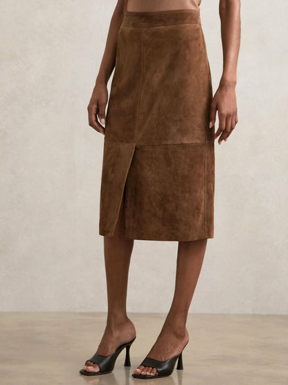Suede Straight-Fit Midi Skirt in Tan Brown | Reiss Women Best Seller